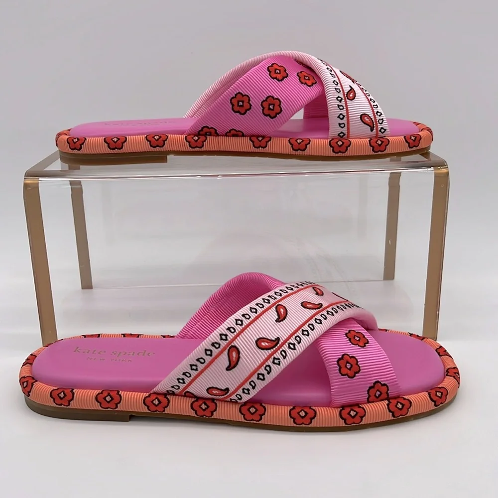 Kate Spade New York Rio Bandana Patchwork Slides Persimmon - Picture 2 of 16